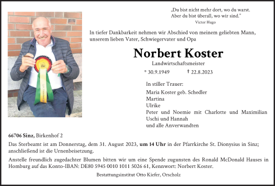 Traueranzeigen Von Norbert Koster Saarbruecker Zeitung Trauer De