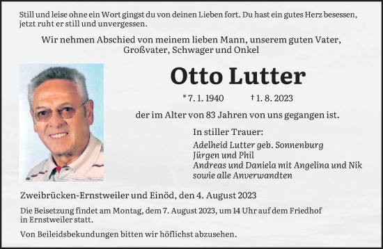 Traueranzeigen Von Otto Lutter Saarbruecker Zeitung Trauer De