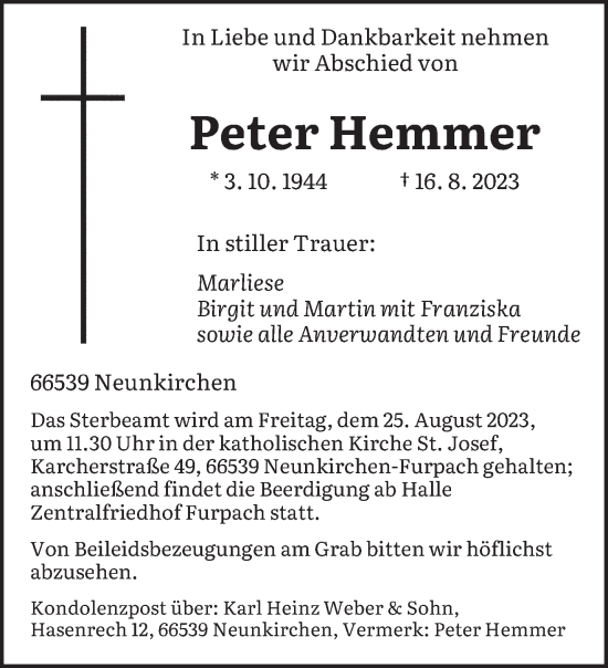 Traueranzeigen Von Peter Hemmer Saarbruecker Zeitung Trauer De