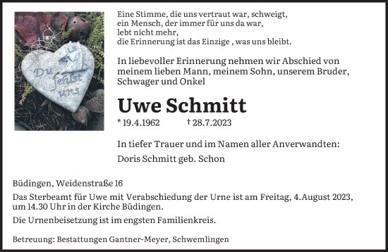 Traueranzeigen Von Uwe Schmitt Saarbruecker Zeitung Trauer De