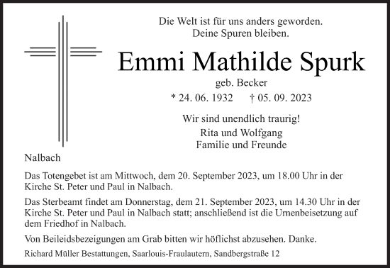 Traueranzeigen Von Emmi Mathilde Spurk Saarbruecker Zeitung Trauer De