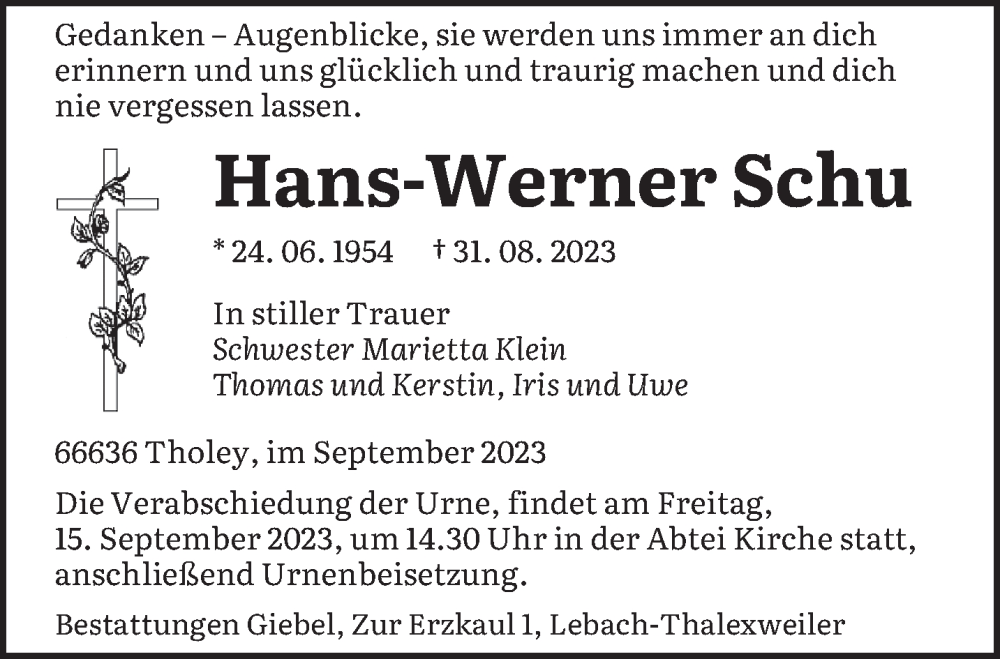 Traueranzeigen Von Hans Werner Schu Saarbruecker Zeitung Trauer De