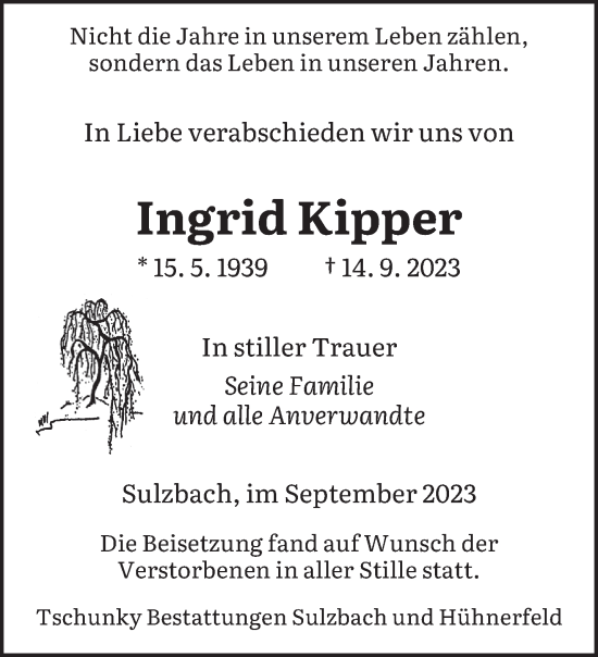 Traueranzeigen Von Ingrid Kipper Saarbruecker Zeitung Trauer De