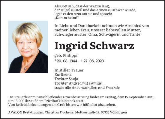 Traueranzeigen Von Ingrid Schwarz Saarbruecker Zeitung Trauer De