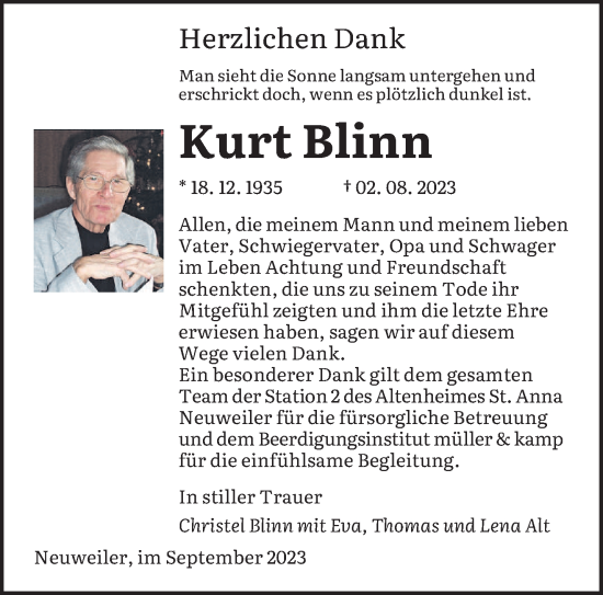 Traueranzeigen Von Kurt Blinn Saarbruecker Zeitung Trauer De