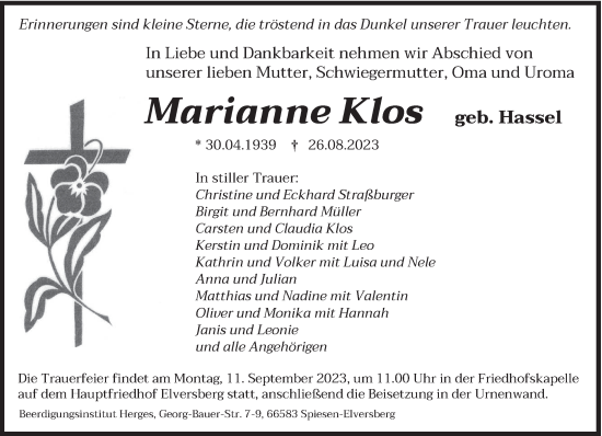 Traueranzeigen Von Marianne Klos Saarbruecker Zeitung Trauer De