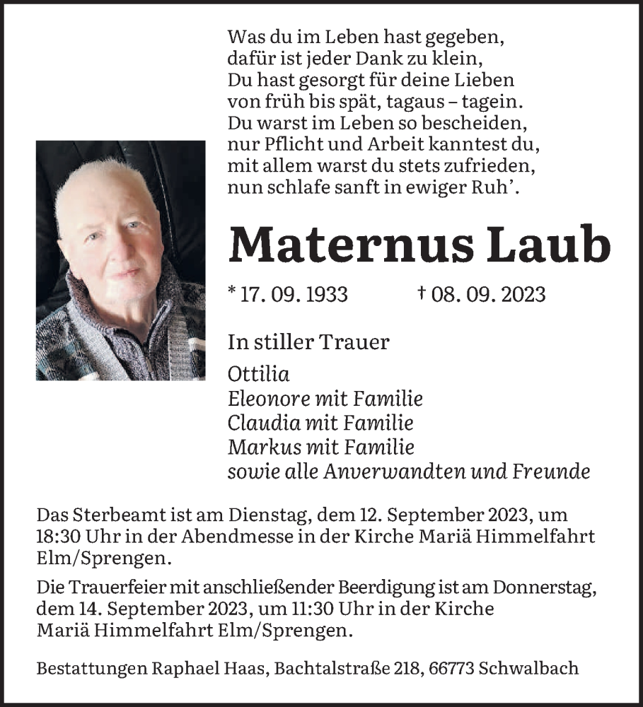 Traueranzeigen Von Maternus Laub Saarbruecker Zeitung Trauer De