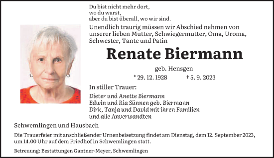 Traueranzeigen Von Renate Biermann Saarbruecker Zeitung Trauer De