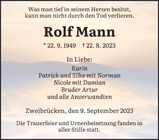 Traueranzeigen Von Rolf Mann Saarbruecker Zeitung Trauer De