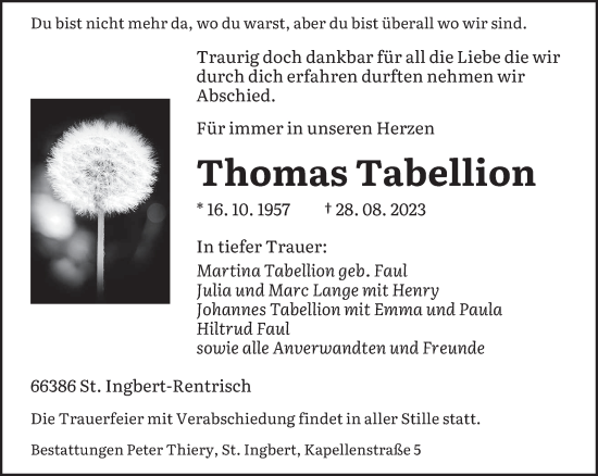 Traueranzeigen Von Thomas Tabellion Saarbruecker Zeitung Trauer De