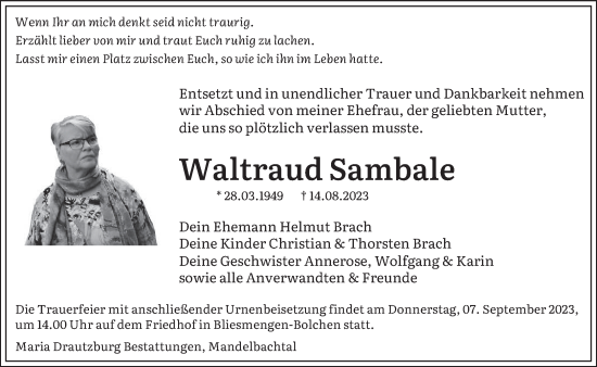 Traueranzeigen Von Waltraud Sambale Saarbruecker Zeitung Trauer De