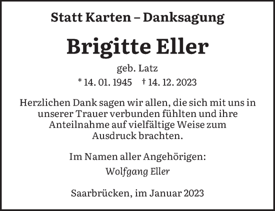 Traueranzeigen Von Brigitte Eller Saarbruecker Zeitung Trauer De