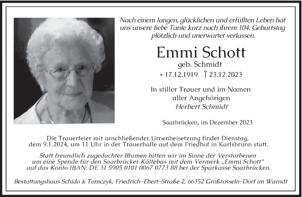 Traueranzeigen Von Emmi Schott Saarbruecker Zeitung Trauer De