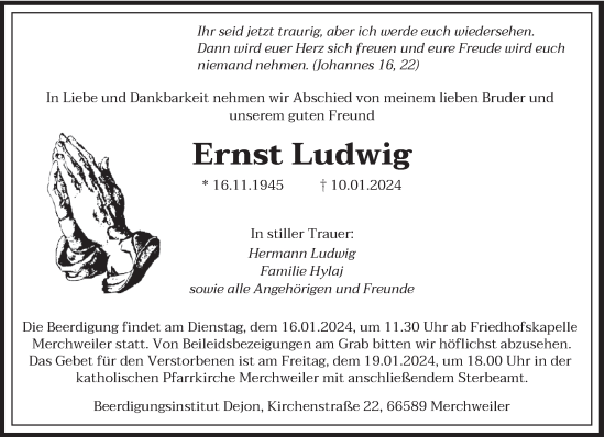 Traueranzeigen Von Ernst Ludwig Saarbruecker Zeitung Trauer De