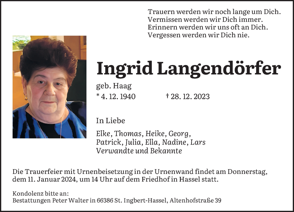 Traueranzeigen von Ingrid Langendörfer Saarbruecker Zeitung Trauer de