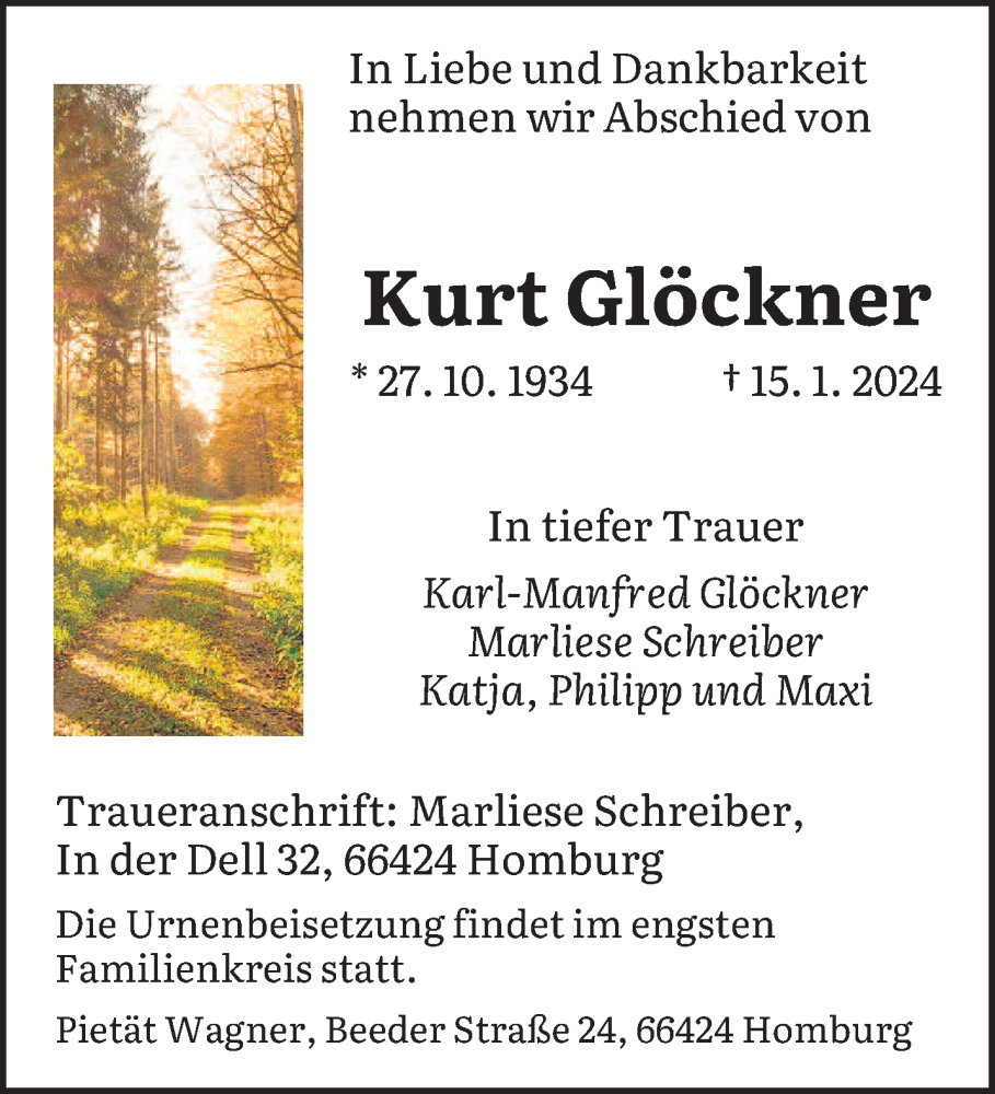 Traueranzeigen Von Kurt Gl Ckner Saarbruecker Zeitung Trauer De