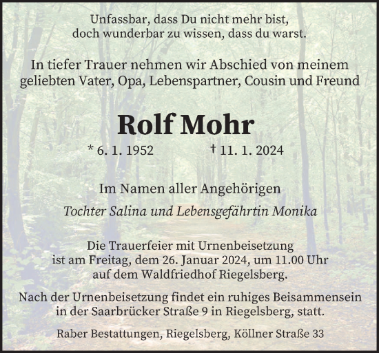 Traueranzeigen Von Rolf Mohr Saarbruecker Zeitung Trauer De