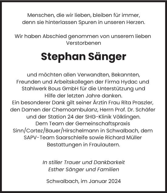 Traueranzeigen Von Stephan S Nger Saarbruecker Zeitung Trauer De