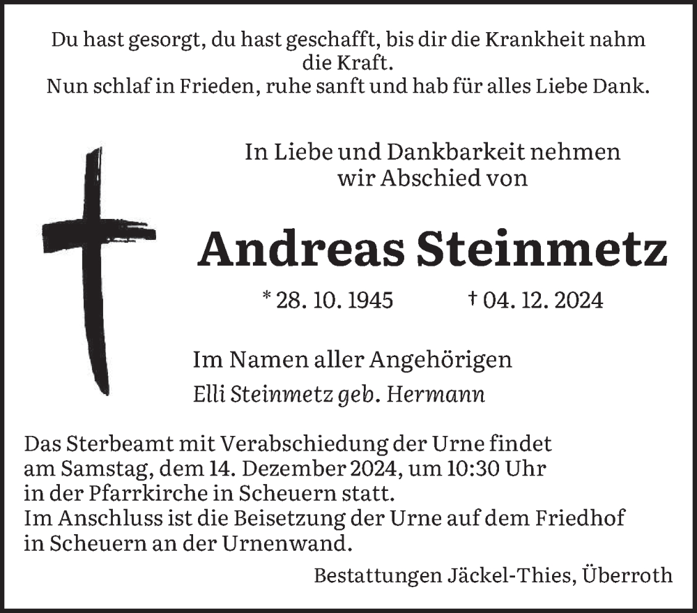 Traueranzeigen Von Andreas Steinmetz Saarbruecker Zeitung Trauer De