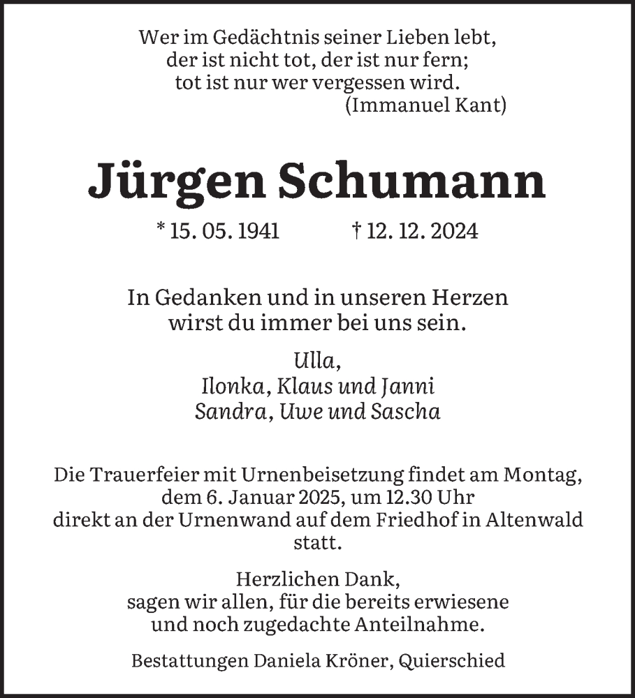 Traueranzeigen Von J Rgen Schumann Saarbruecker Zeitung Trauer De