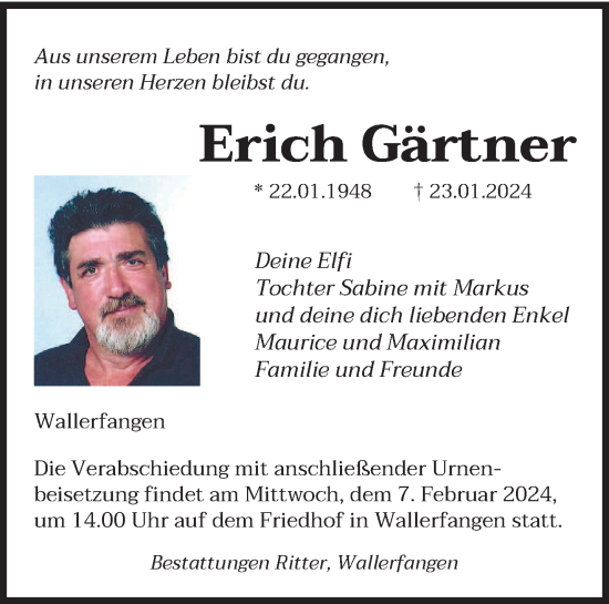 Traueranzeigen von Erich Gärtner Saarbruecker Zeitung Trauer de