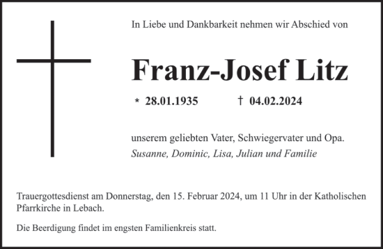 Traueranzeigen Von Franz Josef Litz Saarbruecker Zeitung Trauer De