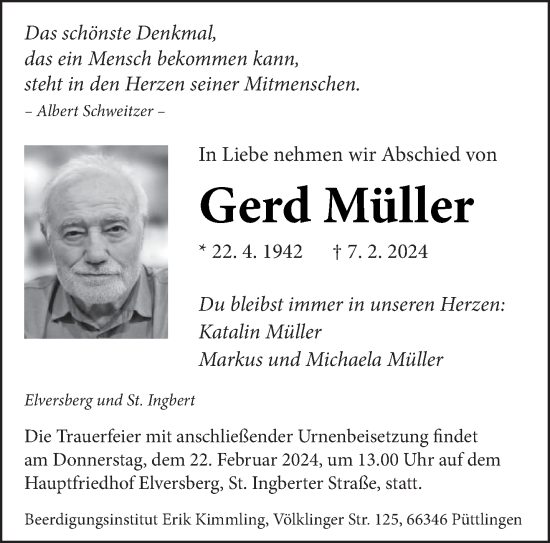 Traueranzeigen Von Gerd M Ller Saarbruecker Zeitung Trauer De