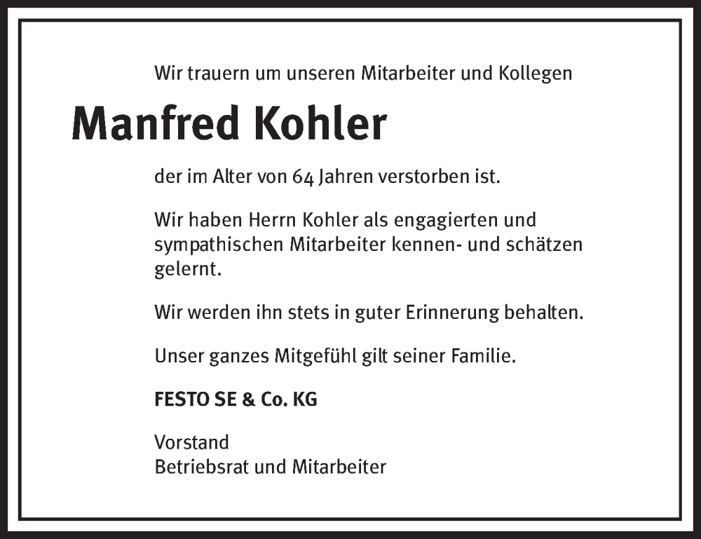 Traueranzeigen Von Manfred Kohler Saarbruecker Zeitung Trauer De