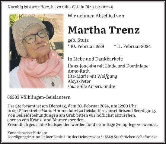 Traueranzeigen Von Martha Trenz Saarbruecker Zeitung Trauer De