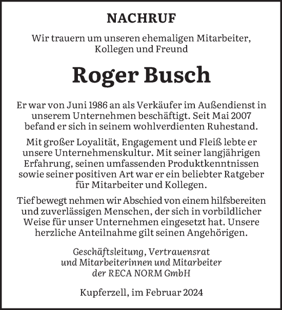 Traueranzeigen Von Roger Busch Saarbruecker Zeitung Trauer De