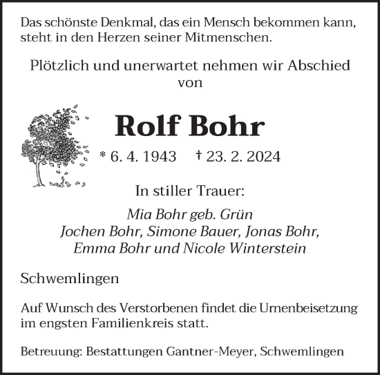 Traueranzeigen Von Rolf Bohr Saarbruecker Zeitung Trauer De