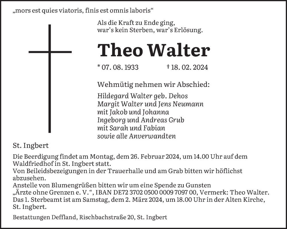 Traueranzeigen Von Theo Walter Saarbruecker Zeitung Trauer De