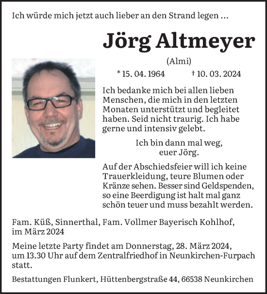 Traueranzeigen von Jörg Altmeyer Saarbruecker Zeitung Trauer de