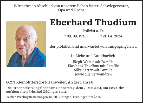 Traueranzeige von Eberhard Thudium von saarbruecker_zeitung
