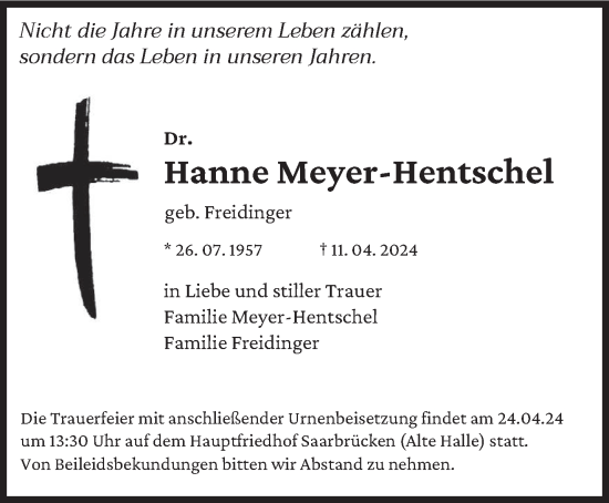 Traueranzeigen Von Hanne Meyer Hentschel Saarbruecker Zeitung Trauer De