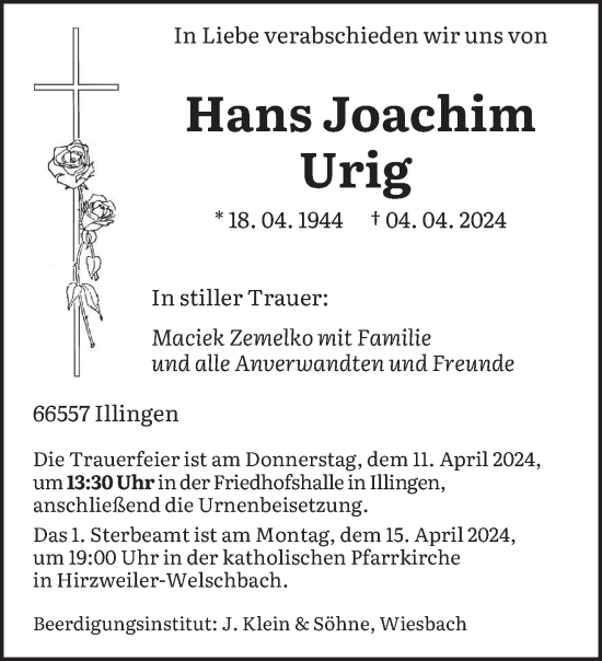 Traueranzeigen Von Hans Joachim Urig Saarbruecker Zeitung Trauer De