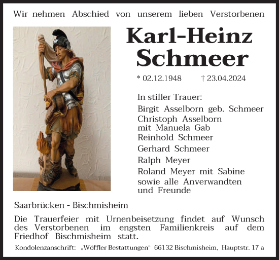 Traueranzeige von Karl-Heinz Schmeer von saarbruecker_zeitung