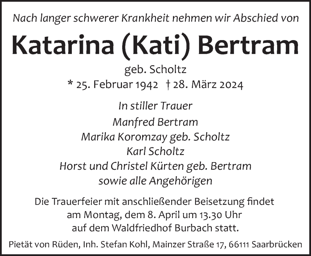 Traueranzeigen Von Katarina Bertram Saarbruecker Zeitung Trauer De