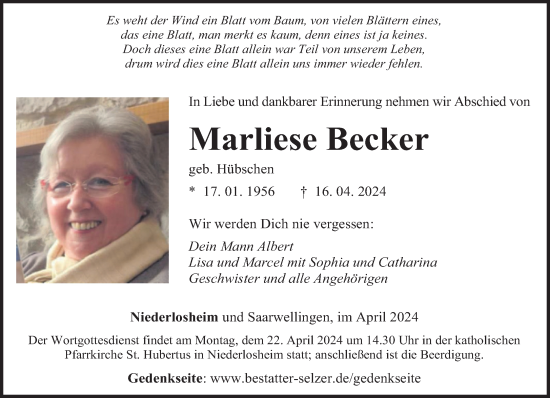 Traueranzeigen Von Marliese Becker Saarbruecker Zeitung Trauer De