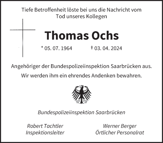 Traueranzeigen Von Thomas Ochs Saarbruecker Zeitung Trauer De