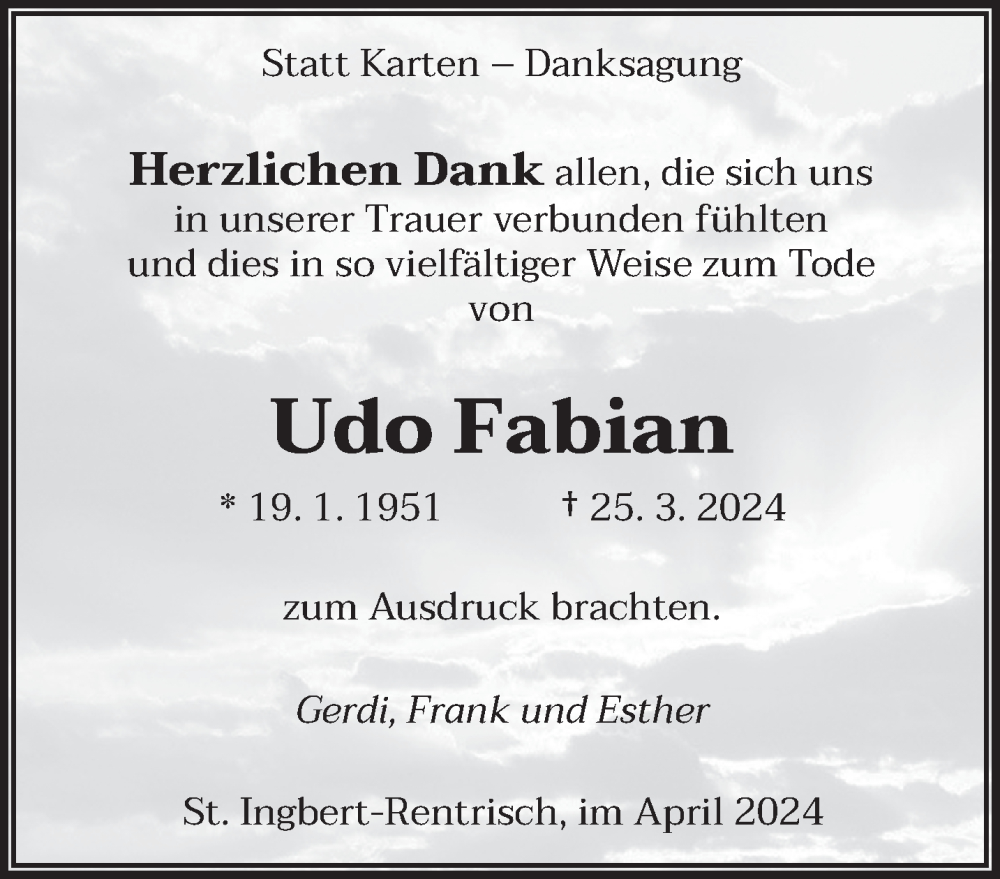 Traueranzeigen Von Udo Fabian Saarbruecker Zeitung Trauer De