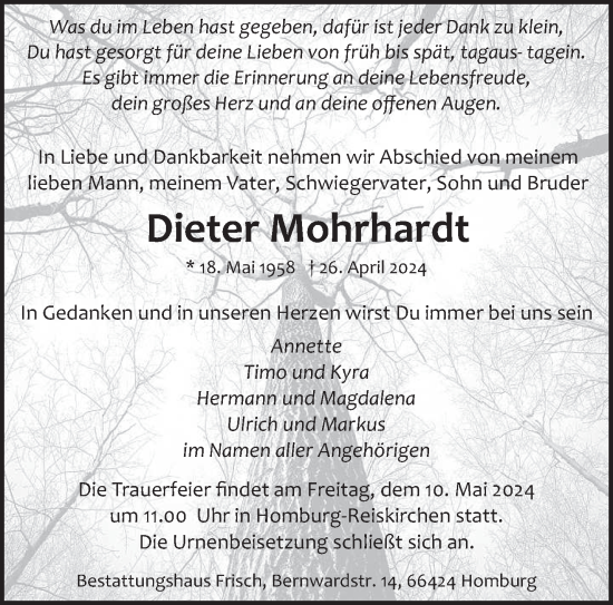 Traueranzeige von Dieter Mohrhardt von saarbruecker_zeitung