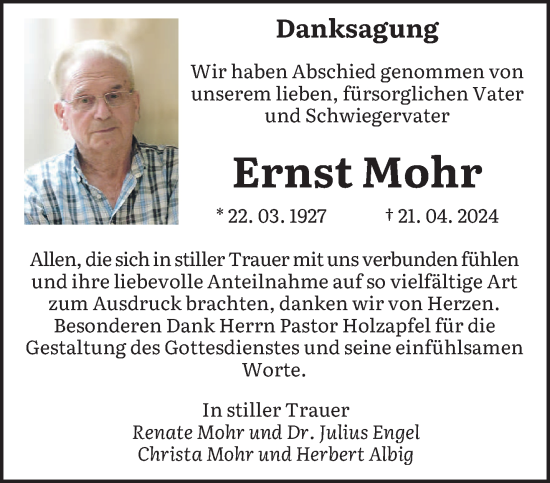Traueranzeige von Ernst Mohr von saarbruecker_zeitung