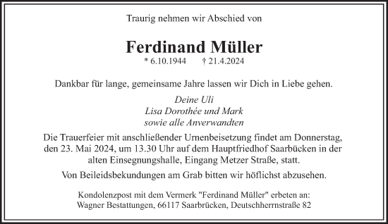 Traueranzeige von Ferdinand Müller von saarbruecker_zeitung