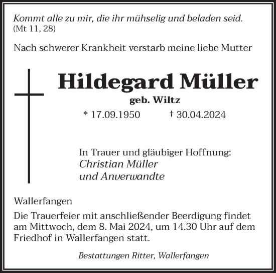 Traueranzeigen Von Hildegard M Ller Saarbruecker Zeitung Trauer De