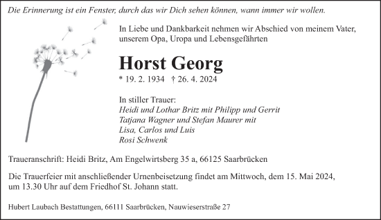 Traueranzeige von Horst Georg von saarbruecker_zeitung