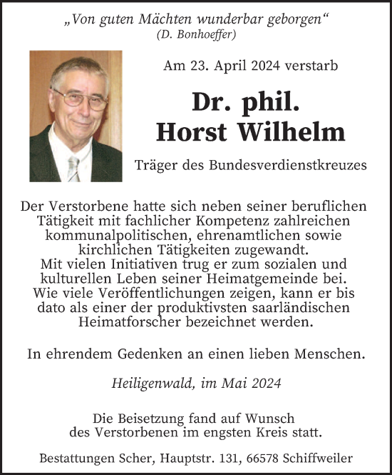 Traueranzeige von Horst Wilhelm von saarbruecker_zeitung
