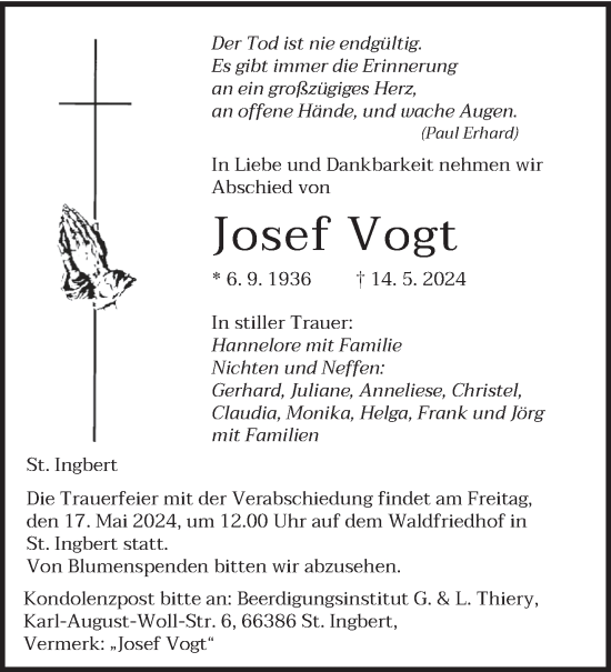 Traueranzeige von Josef Vogt von saarbruecker_zeitung