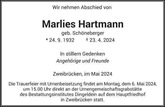 Traueranzeige von Marlies Hartmann von saarbruecker_zeitung