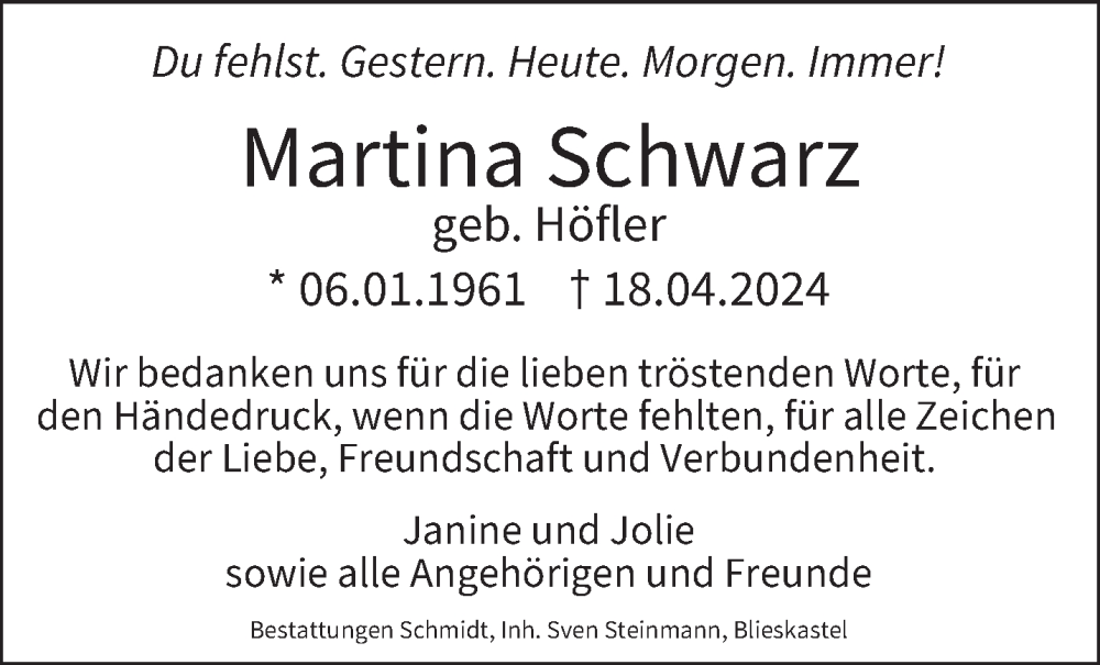 Traueranzeigen Von Martina Schwarz Saarbruecker Zeitung Trauer De